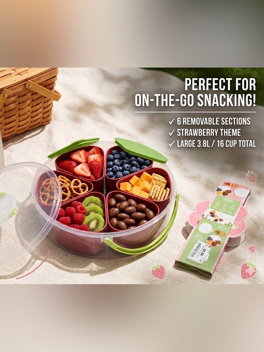 Samba Portable 6-Compartment Snack Storage Container - Strawberry themed
